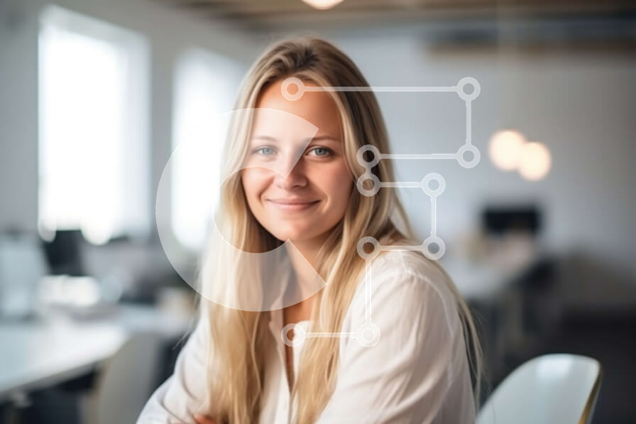 Intra Συλλεκτικό Ξύλινο Παζλ Plywood  4mm - Χαμογελαστή γυναίκα με λευκό πουκάμισο που κάθεται στο γραφείο στο γραφείο Σε Ξύλινο Κουτί - Διαστάσεις Puzzle: 10x10 cm – 25 κομμάτια