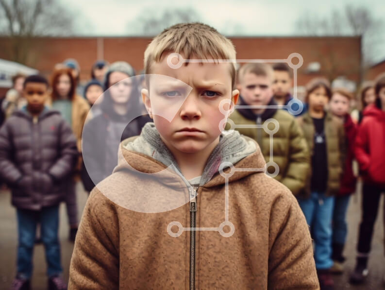 Intra Συλλεκτικό Ξύλινο Παζλ Plywood  4mm - Αγόρι με το Scowl που στέκεται μπροστά από μια ομάδα ανθρώπων Σε Ξύλινο Κουτί - Διαστάσεις Puzzle: 10x10 cm – 25 κομμάτια