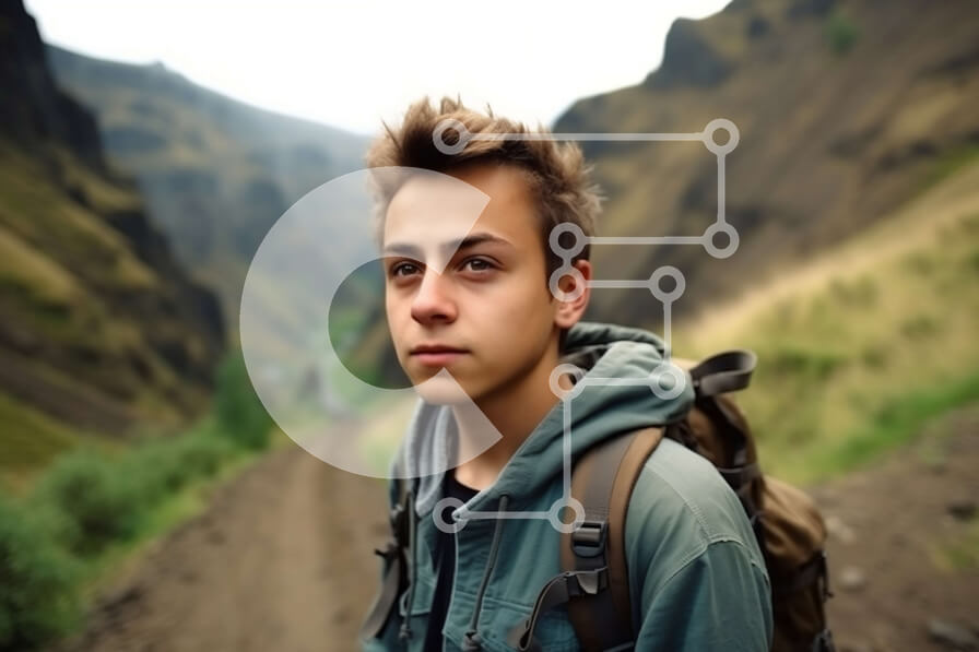 Intra Συλλεκτικό Ξύλινο Παζλ Plywood  4mm - Νεαρός άνδρας με πράσινο σακάκι και σακίδιο που ατενίζει τη θέα στο βουνό Σε Ξύλινο Κουτί - Διαστάσεις: 10x10 cm – 25 κομμάτια