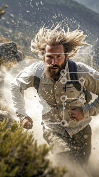 Intra Συλλεκτικό Ξύλινο Παζλ Plywood  4mm - Πεζοπόρος που τρέχει μέσα από βραχώδες έδαφος με βουνά στο φόντο Σε Ξύλινο Κουτί - Διαστάσεις Puzzle: 10x10 cm – 25 κομμάτια