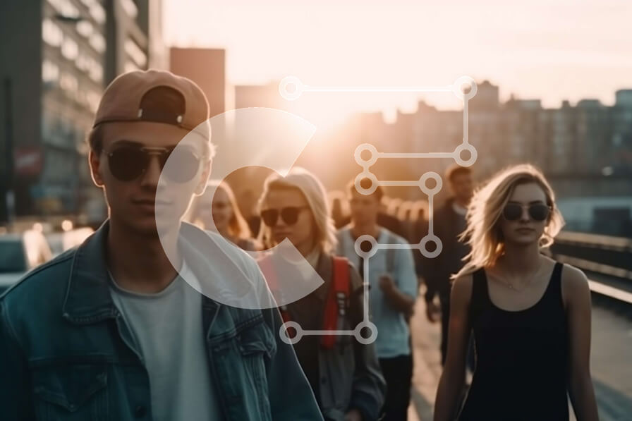 Intra Συλλεκτικό Ξύλινο Παζλ Plywood  4mm - Νεαρή και ζωντανή ομάδα που περπατά στην οδό της πόλης στο ηλιοβασίλεμα Σε Ξύλινο Κουτί - Διαστάσεις Puzzle: 10x10 cm – 25 κομμάτια