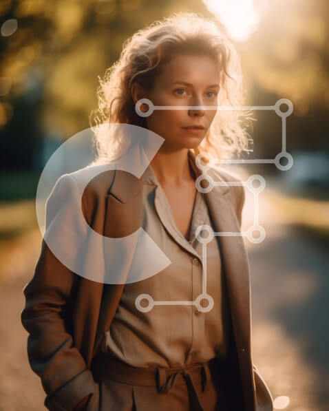 Intra Συλλεκτικό Ξύλινο Παζλ Plywood  4mm - Όμορφη φωτογραφία μιας γυναίκας με μπεζ σακάκι και λευκό πουκάμισο που στέκεται σε ένα πεζοδρόμιο στο ηλιοβασίλεμα Σε Ξύλινο Κουτί - Διαστάσεις Puzzle: 10x10 cm – 25 κομμάτια