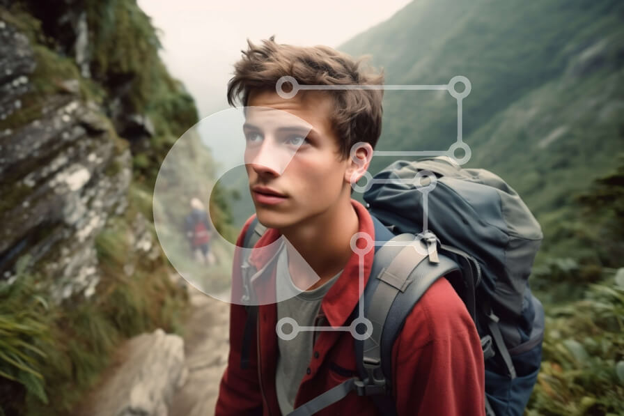 Intra Συλλεκτικό Ξύλινο Παζλ Plywood  4mm - Νεαρός άνδρας που κάνει πεζοπορία σε απότομο μονοπάτι στα βουνά Σε Ξύλινο Κουτί - Διαστάσεις: 10x10 cm – 25 κομμάτια