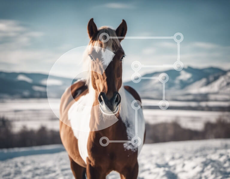 Intra Συλλεκτικό Ξύλινο Παζλ Plywood  4mm - Καφέ και λευκό άλογο στο χιόνι με βουνά στο φόντο Σε Ξύλινο Κουτί - Διαστάσεις: 10x10 cm – 25 κομμάτια