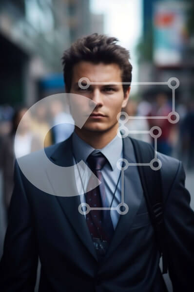 Intra Συλλεκτικό Ξύλινο Παζλ Plywood  4mm - Επαγγελματική εικόνα ενός νεαρού άνδρα με μαύρο κοστούμι και κόκκινη γραβάτα στην πολυσύχναστη οδό της πόλης Σε Ξύλινο Κουτί - Διαστάσεις Puzzle: 10x10 cm – 25 κομμάτια