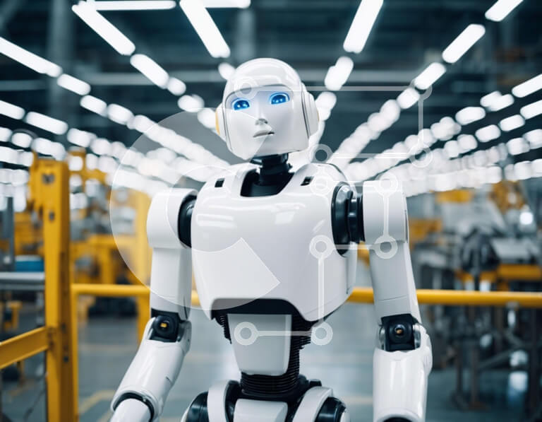 Intra Συλλεκτικό Ξύλινο Παζλ Plywood  4mm - Λευκό ρομπότ με μπλε μάτια σε βιομηχανικό περιβάλλον Σε Ξύλινο Κουτί - Διαστάσεις Puzzle: 10x10 cm – 25 κομμάτια