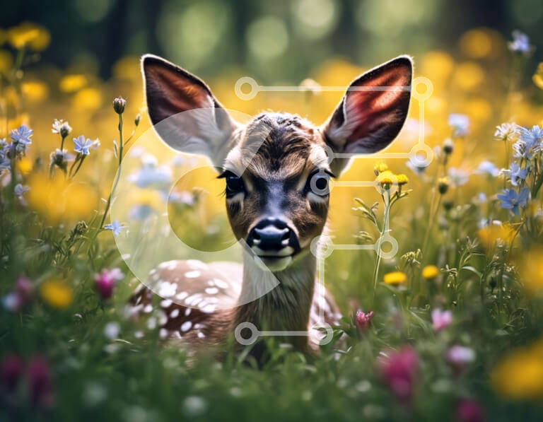 Intra Συλλεκτικό Ξύλινο Παζλ Plywood  4mm - Μωρό ελάφι στο γρασίδι με λουλούδια και μικρά ζώα Σε Ξύλινο Κουτί - Διαστάσεις: 10x10 cm – 25 κομμάτια