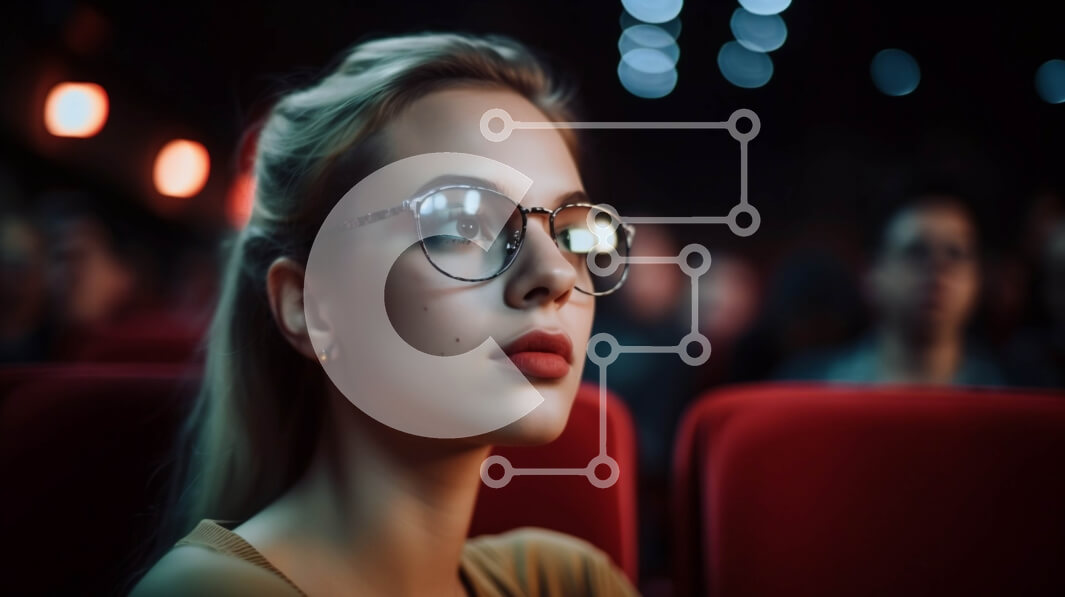 Intra Συλλεκτικό Ξύλινο Παζλ Plywood  4mm - Εικόνα μιας νεαρής γυναίκας σε έναν κινηματογράφο με γυαλιά Σε Ξύλινο Κουτί - Διαστάσεις Puzzle: 10x10 cm – 25 κομμάτια