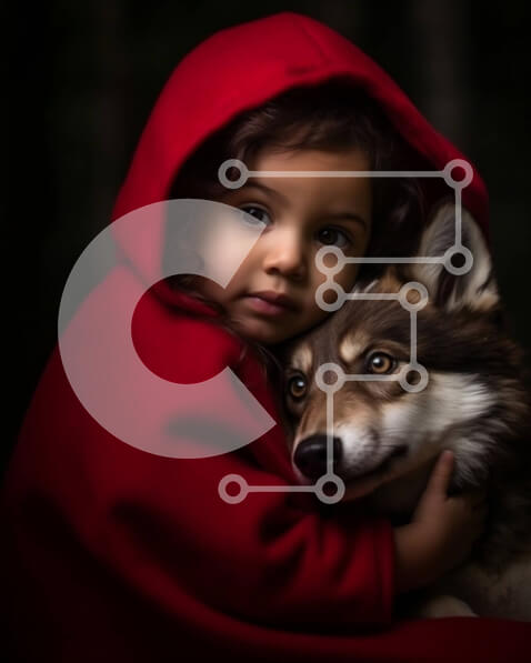 Σετ των 2 Intra Συλλεκτικό Ξύλινο Παζλ Plywood  4mm - Αξιολάτρευτη εικόνα νεαρής κοπέλας που αγκαλιάζει τον λύκο με κόκκινη κουκούλα Σε Ξύλινο Κουτί - Διαστάσεις: 10x10 cm – 25 κομμάτια