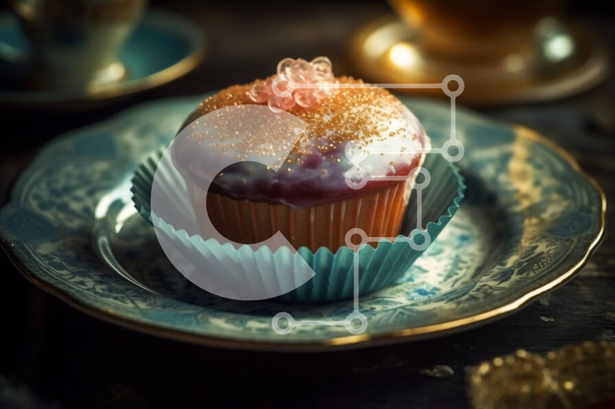 Σετ των 2 Intra Συλλεκτικό Ξύλινο Παζλ Plywood  4mm - Λαχταριστό cupcake με ροζ παγωμένο και πασπαλίζει σε μπλε και χρυσό πιάτο Σε Ξύλινο Κουτί - Διαστάσεις: 10x10 cm – 25 κομμάτια