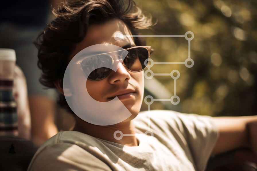 Intra Συλλεκτικό Ξύλινο Παζλ Plywood  4mm - Cool νεαρός άνδρας που κάθεται σε έναν πάγκο με γυαλιά ηλίου Σε Ξύλινο Κουτί - Διαστάσεις Puzzle: 10x10 cm – 25 κομμάτια