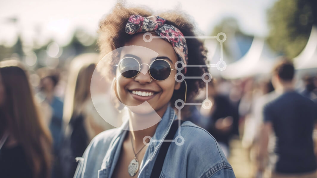 Intra Συλλεκτικό Ξύλινο Παζλ Plywood  4mm - Νεαρή γυναίκα που απολαμβάνει το μουσικό φεστιβάλ με τζιν μπουφάν και γυαλιά ηλίου Σε Ξύλινο Κουτί - Διαστάσεις Puzzle: 10x10 cm – 25 κομμάτια