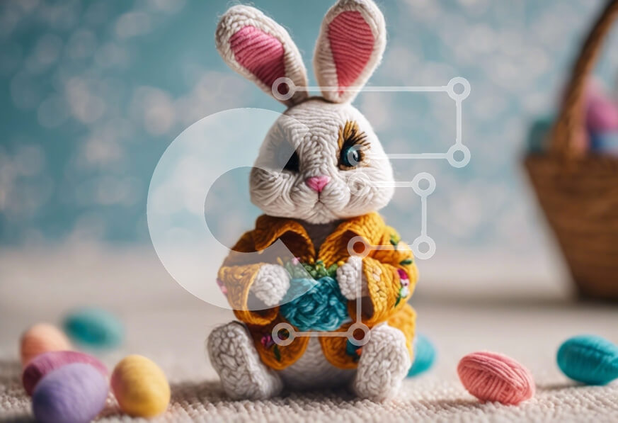 Intra Συλλεκτικό Ξύλινο Παζλ Plywood  4mm - Κουνελάκι με κροσέ με πορτοκαλί πουλόβερ και πασχαλινά αυγά Σε Ξύλινο Κουτί - Διαστάσεις: 10x10 cm – 25 κομμάτια