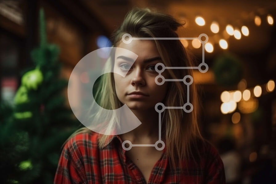 Intra Συλλεκτικό Ξύλινο Παζλ Plywood  4mm - Νεαρή γυναίκα που συλλογίζεται μπροστά από το χριστουγεννιάτικο δέντρο με τα φώτα Σε Ξύλινο Κουτί - Διαστάσεις: 10x10 cm – 25 κομμάτια