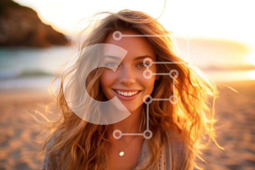 Intra Συλλεκτικό Ξύλινο Παζλ Plywood  4mm - Χαμογελαστή γυναίκα με λευκό τοπ και τζιν σορτς στην παραλία στο ηλιοβασίλεμα Σε Ξύλινο Κουτί - Διαστάσεις: 10x10 cm – 25 κομμάτια