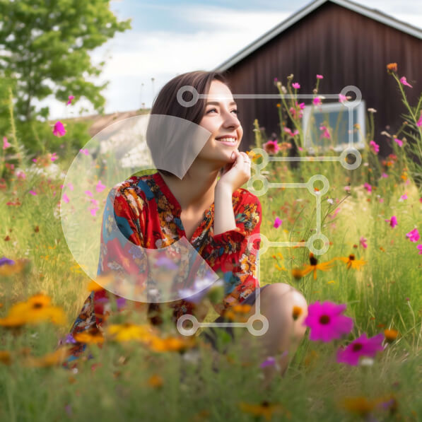 Intra Συλλεκτικό Ξύλινο Παζλ Plywood  4mm - Όμορφη εικόνα μιας γυναίκας σε ένα χωράφι με λουλούδια με έναν αχυρώνα στο φόντο Σε Ξύλινο Κουτί - Διαστάσεις: 10x10 cm – 25 κομμάτια