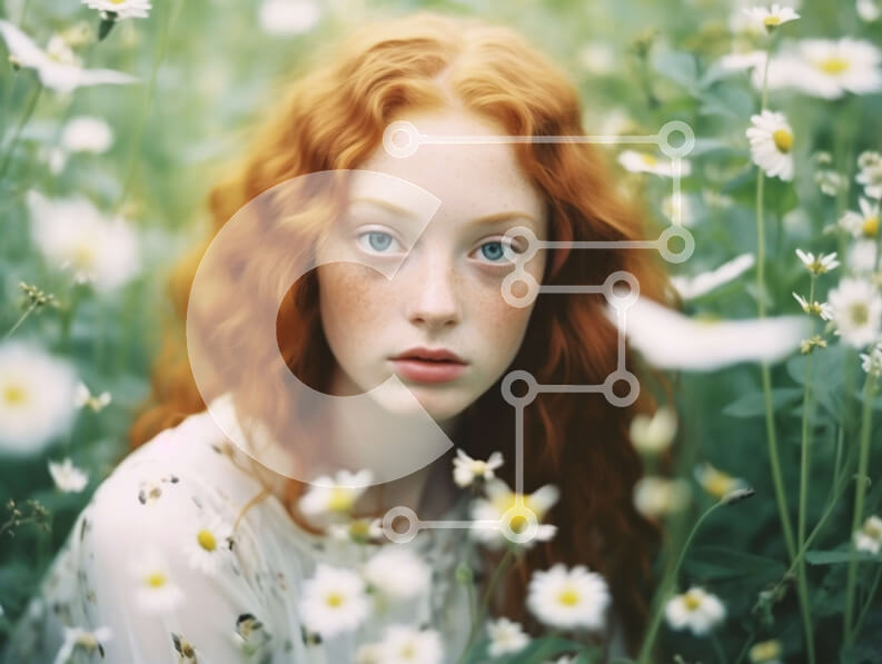 Intra Συλλεκτικό Ξύλινο Παζλ Plywood  4mm - Σοβαρή εμφάνιση κοκκινομάλλα σε ένα χωράφι με λευκά λουλούδια Σε Ξύλινο Κουτί - Διαστάσεις Puzzle: 10x10 cm – 25 κομμάτια