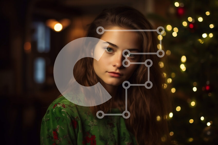 Intra Συλλεκτικό Ξύλινο Παζλ Plywood  4mm - Σοβαρή νεαρή γυναίκα ποζάρει μπροστά από ένα στολισμένο χριστουγεννιάτικο δέντρο Σε Ξύλινο Κουτί - Διαστάσεις: 10x10 cm – 25 κομμάτια