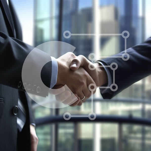 Intra Συλλεκτικό Ξύλινο Παζλ Plywood  4mm - Επιχειρηματίες που δίνουν τα χέρια μπροστά από το αστικό τοπίο Σε Ξύλινο Κουτί - Διαστάσεις Puzzle: 10x10 cm – 25 κομμάτια