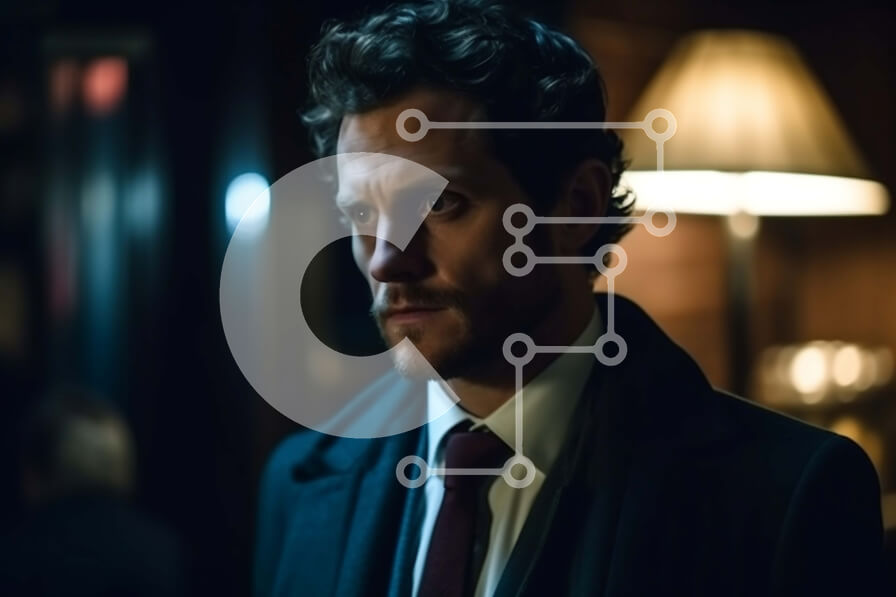 Intra Συλλεκτικό Ξύλινο Παζλ Plywood  4mm - Σοβαρό άτομο με μαύρο κοστούμι και δεσμό στο αμυδρά φωτισμένο δωμάτιο Στοκ Φωτογραφία Σε Ξύλινο Κουτί - Διαστάσεις Puzzle: 10x10 cm – 25 κομμάτια