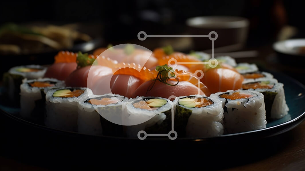 Σετ των 2 Intra Συλλεκτικό Ξύλινο Παζλ Plywood  4mm - Νόστιμη πιατέλα σούσι με φρέσκο ​​ψάρι και τραγανά λαχανικά Σε Ξύλινο Κουτί - Διαστάσεις: 10x10 cm – 25 κομμάτια