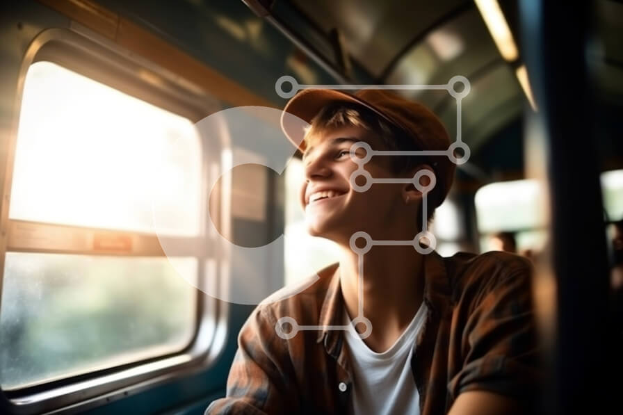 Intra Συλλεκτικό Ξύλινο Παζλ Plywood  4mm - Χαμογελαστός νεαρός άνδρας που απολαμβάνει τη βόλτα με το τρένο με ηλιόλουστο φόντο Σε Ξύλινο Κουτί - Διαστάσεις Puzzle: 10x10 cm – 25 κομμάτια