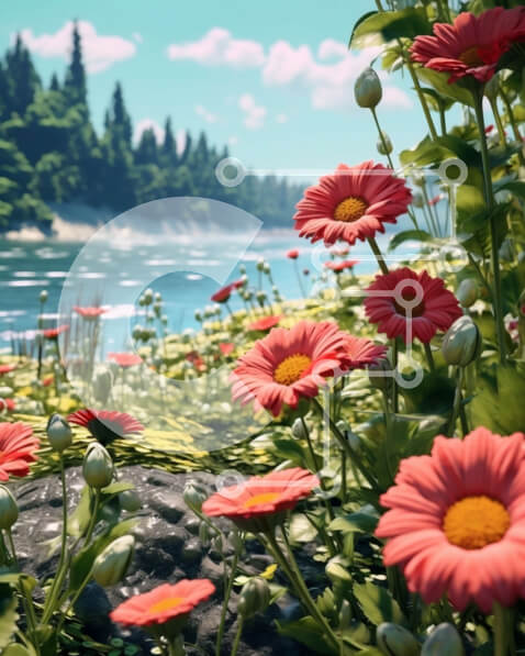 Intra Συλλεκτικό Ξύλινο Παζλ Plywood  4mm - Εκπληκτική εικόνα της φύσης με κόκκινες μαργαρίτες δίπλα σε ένα υδάτινο σώμα με βουνά στο φόντο Σε Ξύλινο Κουτί - Διαστάσεις: 10x10 cm – 25 κομμάτια