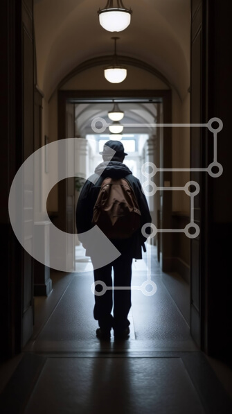 Intra Συλλεκτικό Ξύλινο Παζλ Plywood  4mm - Άνδρας με καφέ σακάκι και σακίδιο πλάτης που στέκεται στον αμυδρά φωτισμένο διάδρομο Σε Ξύλινο Κουτί - Διαστάσεις Puzzle: 10x10 cm – 25 κομμάτια