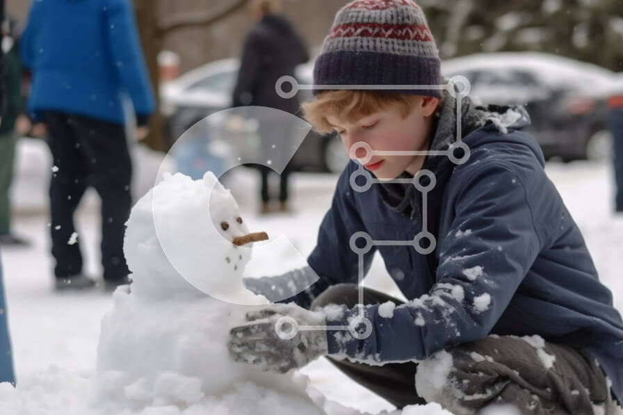 Intra Συλλεκτικό Ξύλινο Παζλ Plywood  4mm - Αξιολάτρευτη εικόνα νεαρού αγοριού και χιονάνθρωπου στο χιόνι Σε Ξύλινο Κουτί - Διαστάσεις Puzzle: 10x10 cm – 25 κομμάτια