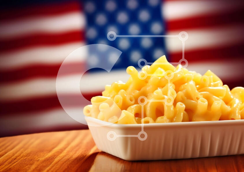 Σετ των 2 Intra Συλλεκτικό Ξύλινο Παζλ Plywood  4mm - Σπιτικά μακαρόνια και τυρί με φόντο αμερικανικής σημαίας Σε Ξύλινο Κουτί - Διαστάσεις: 10x10 cm – 25 κομμάτια