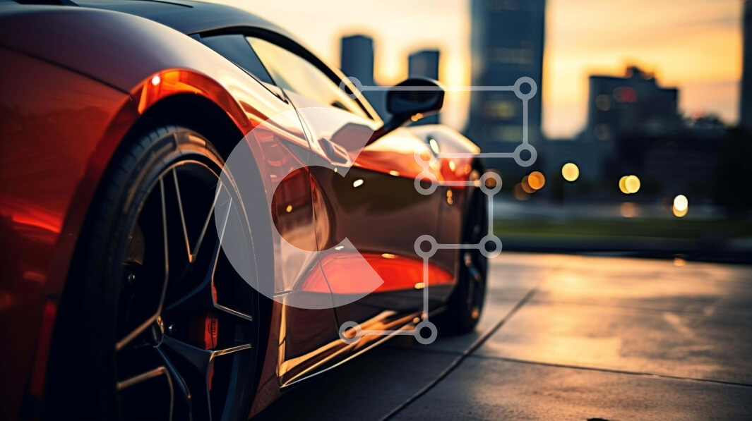 Intra Συλλεκτικό Ξύλινο Παζλ Plywood  4mm - Κόκκινο σπορ αυτοκίνητο σε αστικό περιβάλλον το σούρουπο Σε Ξύλινο Κουτί - Διαστάσεις Puzzle: 10x10 cm – 25 κομμάτια