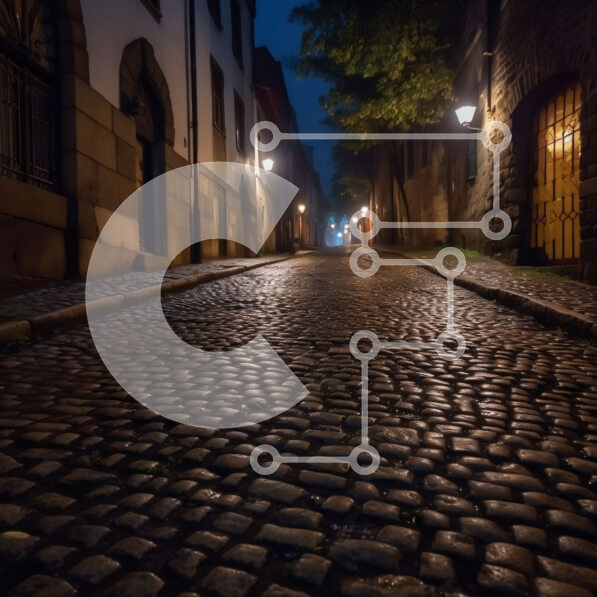 Intra Συλλεκτικό Ξύλινο Παζλ Plywood  4mm - Πλακόστρωτος δρόμος σε μια παλιά πόλη το σούρουπο με φανοστάτες και κτίρια εκατέρωθεν Σε Ξύλινο Κουτί - Διαστάσεις Puzzle: 10x10 cm – 25 κομμάτια