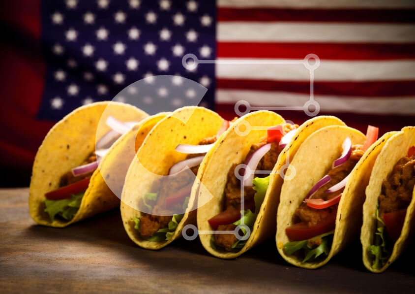 Σετ των 2 Intra Συλλεκτικό Ξύλινο Παζλ Plywood  4mm - Πέντε Tacos με αμερικανική σημαία στο φόντο Σε Ξύλινο Κουτί - Διαστάσεις: 10x10 cm – 25 κομμάτια