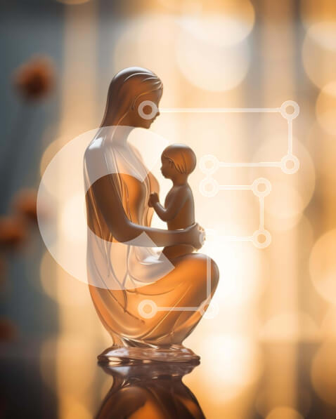 Intra Συλλεκτικό Ξύλινο Παζλ Plywood  4mm - Γυάλινο άγαλμα της Παναγίας με το παιδί σε αφηρημένο φωτισμό Bokeh Σε Ξύλινο Κουτί - Διαστάσεις Puzzle: 10x10 cm – 25 κομμάτια