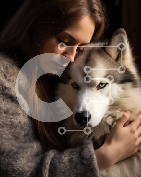 Σετ των 2 Intra Συλλεκτικό Ξύλινο Παζλ Plywood  4mm - Συγκινητική εικόνα μιας γυναίκας και του λευκού γεροδεμένου σκύλου της Σε Ξύλινο Κουτί - Διαστάσεις: 10x10 cm – 25 κομμάτια