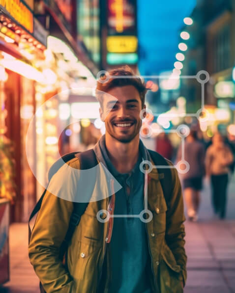 Intra Συλλεκτικό Ξύλινο Παζλ Plywood  4mm - Χαμογελαστός νεαρός άνδρας με κίτρινο σακάκι στην πολυσύχναστη οδό της πόλης τη νύχτα Σε Ξύλινο Κουτί - Διαστάσεις Puzzle: 10x10 cm – 25 κομμάτια