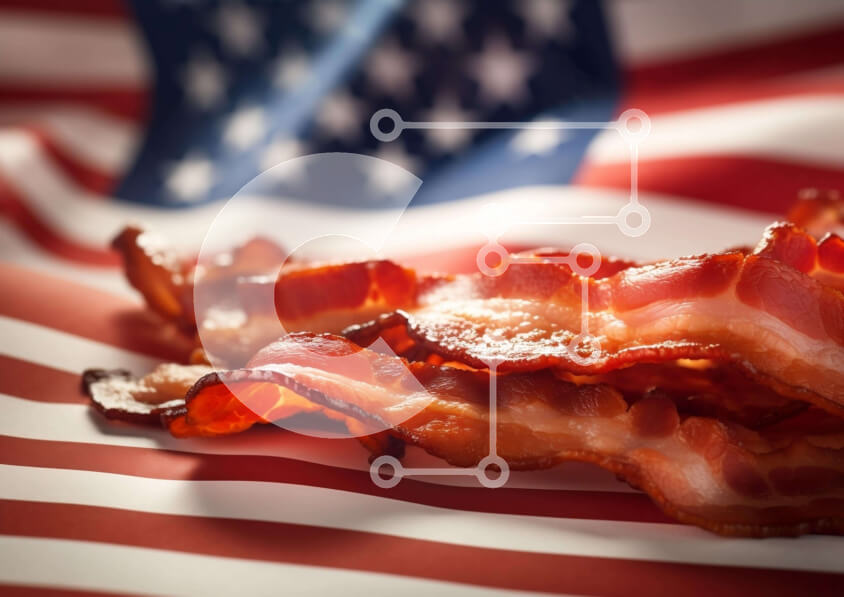 Σετ των 2 Intra Συλλεκτικό Ξύλινο Παζλ Plywood  4mm - Κοντινό πλάνο του φρέσκου μπέικον στην αμερικανική σημαία Σε Ξύλινο Κουτί - Διαστάσεις: 10x10 cm – 25 κομμάτια