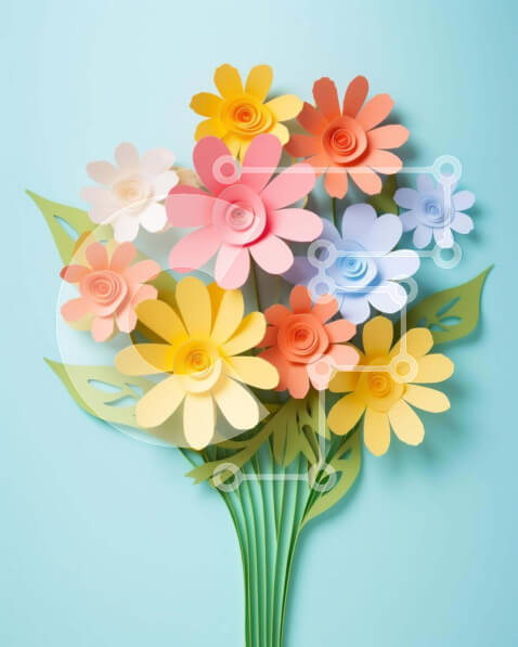 Intra Συλλεκτικό Ξύλινο Παζλ Plywood  4mm - Πολύχρωμο χάρτινο μπουκέτο λουλουδιών σε αφηρημένο μπλε φόντο Σε Ξύλινο Κουτί - Διαστάσεις Puzzle: 10x10 cm – 25 κομμάτια