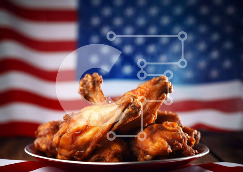 Σετ των 2 Intra Συλλεκτικό Ξύλινο Παζλ Plywood  4mm - Νόστιμα τηγανητά φτερά κοτόπουλου με φόντο αμερικανικής σημαίας Σε Ξύλινο Κουτί - Διαστάσεις: 10x10 cm – 25 κομμάτια