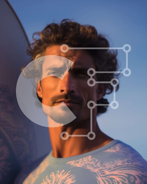 Intra Συλλεκτικό Ξύλινο Παζλ Plywood  4mm - Σοβαρός άνδρας με σανίδα του σερφ σε φόντο μπλε του ουρανού Σε Ξύλινο Κουτί - Διαστάσεις Puzzle: 10x10 cm – 25 κομμάτια