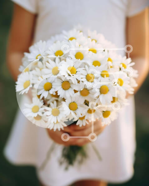 Intra Συλλεκτικό Ξύλινο Παζλ Plywood  4mm - Νεαρό κορίτσι με μπουκέτο από λευκές μαργαρίτες Σε Ξύλινο Κουτί - Διαστάσεις Puzzle: 10x10 cm – 25 κομμάτια