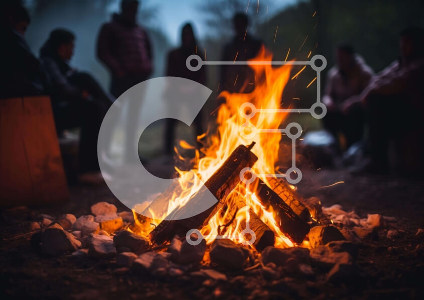 Intra Συλλεκτικό Ξύλινο Παζλ Plywood  4mm - Νυχτερινή συγκέντρωση φωτιάς στο δάσος Σε Ξύλινο Κουτί - Διαστάσεις Puzzle: 10x10 cm – 25 κομμάτια