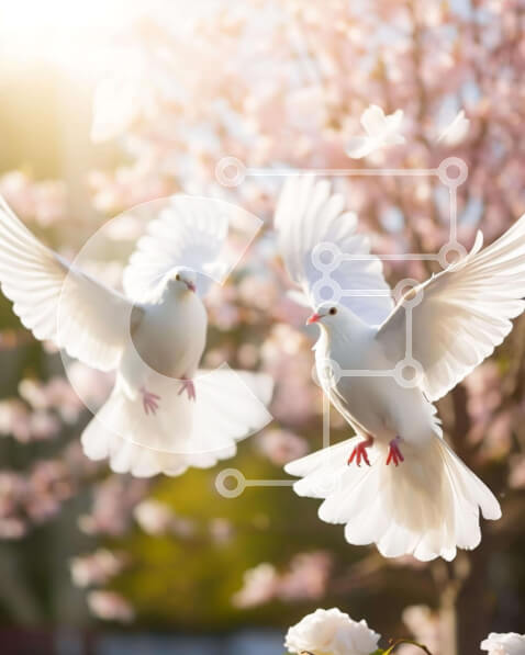 Intra Συλλεκτικό Ξύλινο Παζλ Plywood  4mm - Λευκά περιστέρια που πετούν κοντά σε ροζ ανθισμένο δέντρο Σε Ξύλινο Κουτί - Διαστάσεις: 10x10 cm – 25 κομμάτια