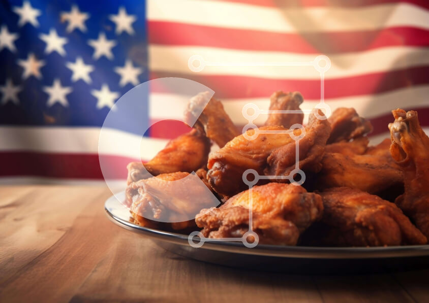 Σετ των 2 Intra Συλλεκτικό Ξύλινο Παζλ Plywood  4mm - Πιάτο με τηγανητές φτερούγες κοτόπουλου με αμερικανική σημαία Σε Ξύλινο Κουτί - Διαστάσεις: 10x10 cm – 25 κομμάτια