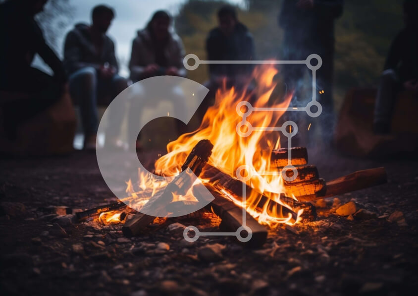 Intra Συλλεκτικό Ξύλινο Παζλ Plywood  4mm - Άνθρωποι που κάθονται γύρω από μια φωτιά στο δάσος Σε Ξύλινο Κουτί - Διαστάσεις: 10x10 cm – 25 κομμάτια