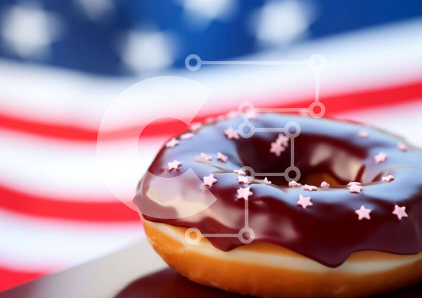 Σετ των 2 Intra Συλλεκτικό Ξύλινο Παζλ Plywood  4mm - Πατριωτικό ντόνατ σοκολάτας σε φόντο αμερικανικής σημαίας Σε Ξύλινο Κουτί - Διαστάσεις: 10x10 cm – 25 κομμάτια