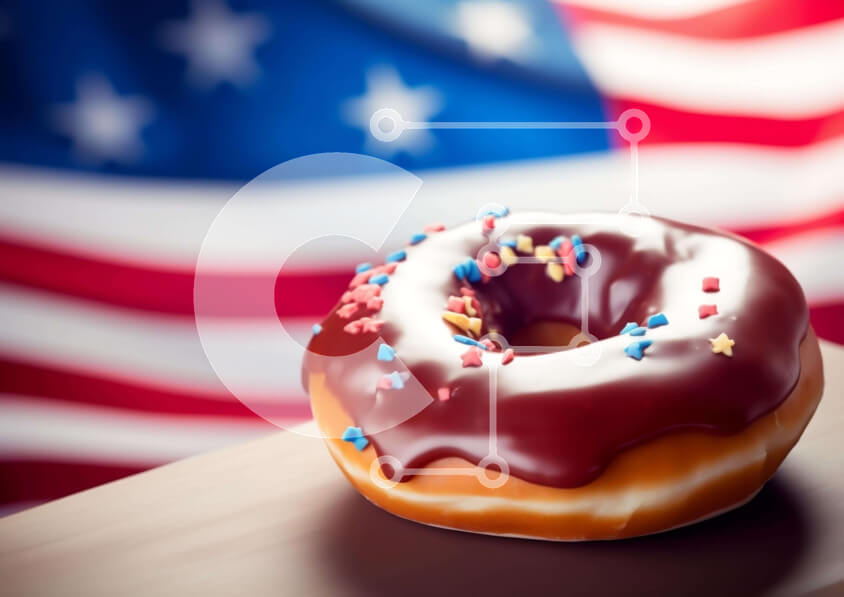 Σετ των 2 Intra Συλλεκτικό Ξύλινο Παζλ Plywood  4mm - Πατριωτικό ντόνατ με πάγωμα σοκολάτας και πασπαλίζει σε φόντο αμερικανικής σημαίας Σε Ξύλινο Κουτί - Διαστάσεις: 10x10 cm – 25 κομμάτια