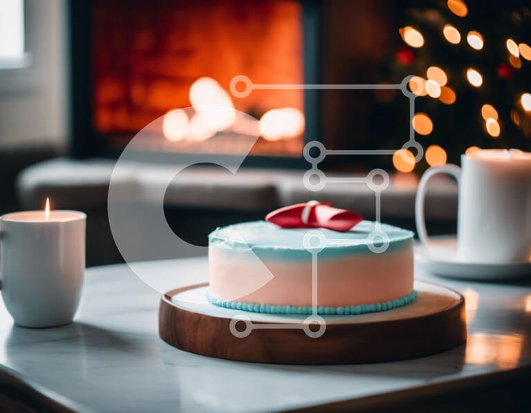 Σετ των 2 Intra Συλλεκτικό Ξύλινο Παζλ Plywood  4mm - Μπλε και άσπρο κέικ σε ένα τραπέζι μπροστά από ένα ανοιχτό τζάκι Σε Ξύλινο Κουτί - Διαστάσεις: 10x10 cm – 25 κομμάτια