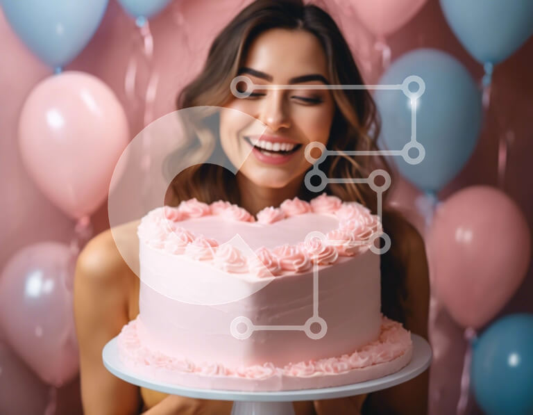 Intra Συλλεκτικό Ξύλινο Παζλ Plywood  4mm - Χαμογελαστή γυναίκα με ροζ κέικ σε σχήμα καρδιάς και μπαλόνια Σε Ξύλινο Κουτί - Διαστάσεις Puzzle: 10x10 cm – 25 κομμάτια