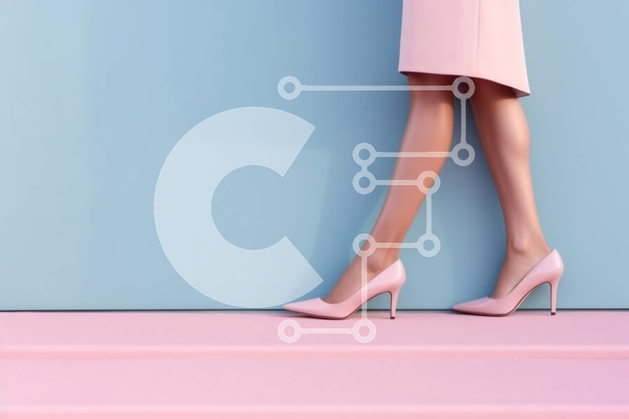 Intra Συλλεκτικό Ξύλινο Παζλ Plywood  4mm - Κομψή γυναίκα με ροζ φόρεμα και ψηλοτάκουνα που ποζάρει σε ροζ σκάλα Σε Ξύλινο Κουτί - Διαστάσεις Puzzle: 10x10 cm – 25 κομμάτια